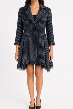 J.ING Women's Metallic Navy Black Tweed Fringe Longline Coat XS Quiet Luxury